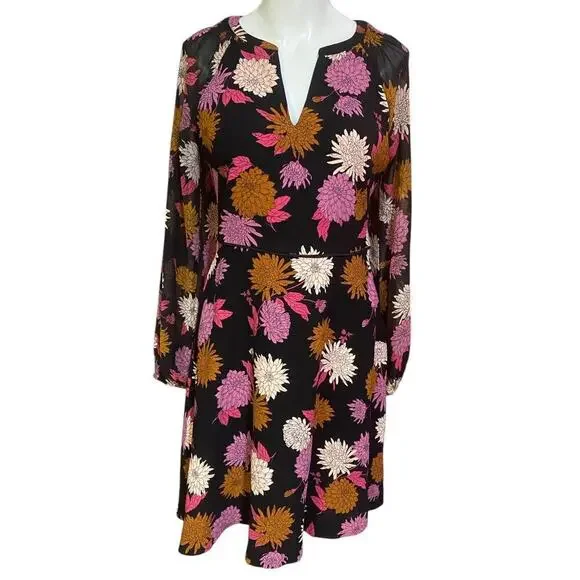 Ann Taylor Autumnal Floral Chiffon Sleeve Flare Dress Size 2
